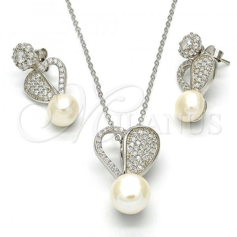 Sterling Silver Earring and Pendant Adult Set, Heart and Ball Design, with White Micro Pave and Ivory Pearl, Polished, Rhodium Finish, 10.175.0033