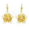 Oro Laminado Dangle Earring, Gold Filled Style Flower Design, with White Cubic Zirconia, Polished, Golden Finish, 5.096.007