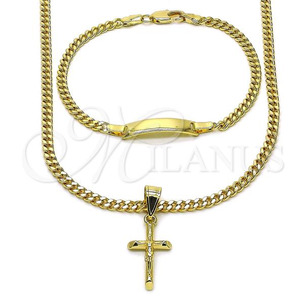 Oro Laminado Necklace and Bracelet, Gold Filled Style Miami Cuban and Crucifix Design, Polished, Golden Finish, 06.63.0269