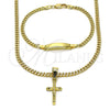 Oro Laminado Necklace and Bracelet, Gold Filled Style Miami Cuban and Crucifix Design, Polished, Golden Finish, 06.63.0269