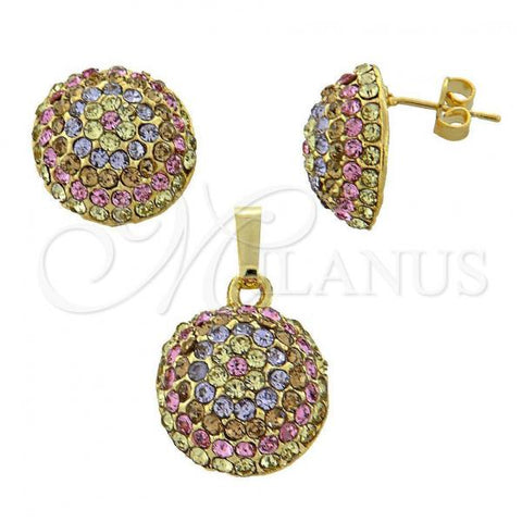 Oro Laminado Earring and Pendant Adult Set, Gold Filled Style Ball Design, with Multicolor Crystal, Polished, Golden Finish, 10.164.0003.1