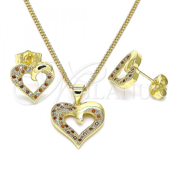 Oro Laminado Earring and Pendant Adult Set, Gold Filled Style Heart Design, with Garnet and White Micro Pave, Polished, Golden Finish, 10.199.0021.2