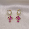 Oro Laminado Dangle Earring, Gold Filled Style Cross Design, with Ruby Cubic Zirconia, Polished, Golden Finish, 02.196.0102.2