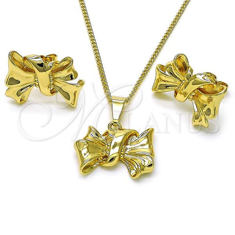Oro Laminado Earring and Pendant Adult Set, Gold Filled Style Bow Design, Polished, Golden Finish, 10.163.0019