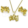 Oro Laminado Earring and Pendant Adult Set, Gold Filled Style Bow Design, Polished, Golden Finish, 10.163.0019