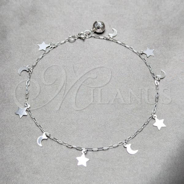 Sterling Silver Fancy Anklet, Moon and Star Design, Polished, Silver Finish, 03.409.0151.10