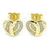 Oro Laminado Stud Earring, Gold Filled Style Heart Design, with White Micro Pave, Polished, Golden Finish, 02.199.0033