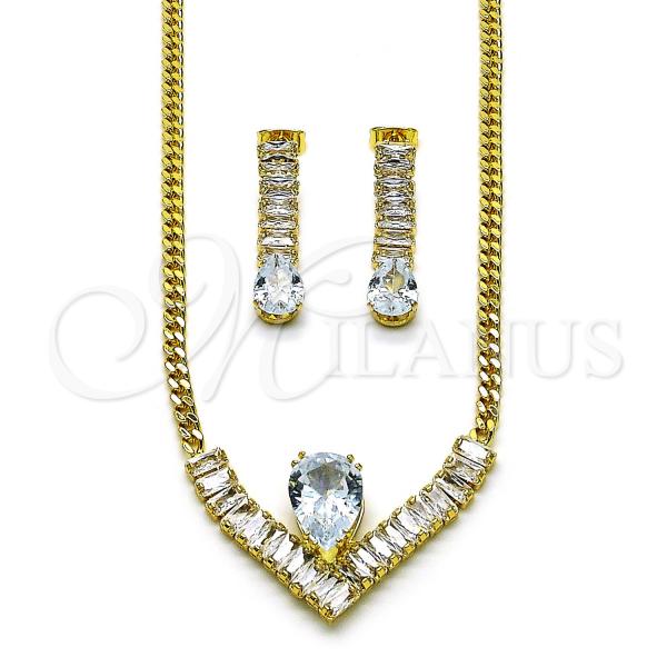 Oro Laminado Necklace and Earring, Gold Filled Style Baguette and Teardrop Design, with White Cubic Zirconia, Polished, Golden Finish, 06.282.0006