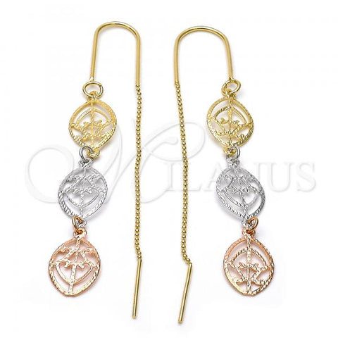 Oro Laminado Threader Earring, Gold Filled Style Greek Key Design, Diamond Cutting Finish, Tricolor, 5.118.003
