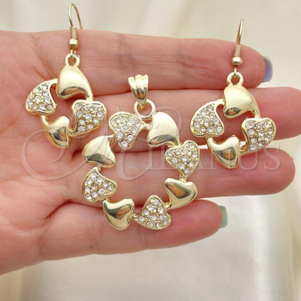 Oro Laminado Earring and Pendant Adult Set, Gold Filled Style Heart Design, with White Crystal, Polished, Golden Finish, 10.59.0126