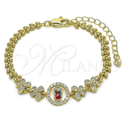 Oro Laminado Fancy Bracelet, Gold Filled Style Guadalupe and Butterfly Design, with White Cubic Zirconia, Polished, Tricolor, 03.411.0016.07