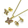 Oro Laminado Earring and Pendant Adult Set, Gold Filled Style Butterfly Design, with Garnet Micro Pave, Polished, Golden Finish, 10.284.0025.1
