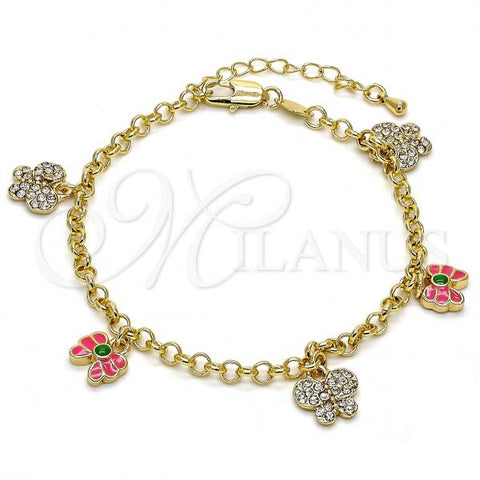 Oro Laminado Charm Bracelet, Gold Filled Style Butterfly and Rolo Design, with White Crystal, Pink Enamel Finish, Golden Finish, 03.63.1363.07