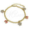 Oro Laminado Charm Bracelet, Gold Filled Style Butterfly and Rolo Design, with White Crystal, Pink Enamel Finish, Golden Finish, 03.63.1363.07