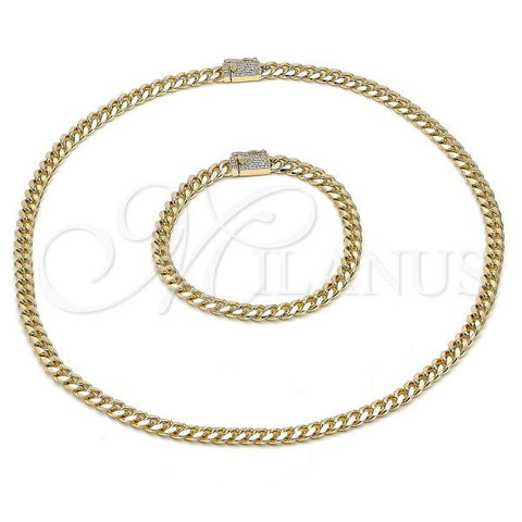 Oro Laminado Necklace and Bracelet, Gold Filled Style Miami Cuban Design, with White Micro Pave, Polished, Golden Finish, 06.213.0025