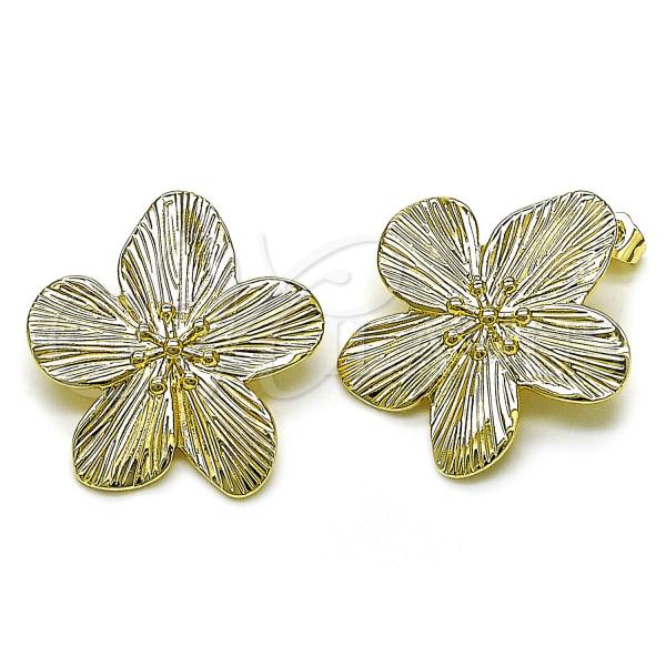 Oro Laminado Stud Earring, Gold Filled Style Flower Design, Diamond Cutting Finish, Golden Finish, 02.428.0023