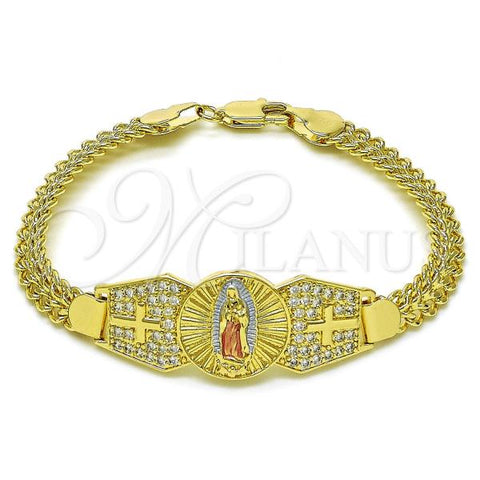 Oro Laminado Fancy Bracelet, Gold Filled Style Guadalupe and Bismark Design, with White Cubic Zirconia, Polished, Tricolor, 03.411.0039.1.08