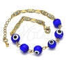 Oro Laminado Fancy Bracelet, Gold Filled Style Evil Eye Design, Blue Polished, Golden Finish, 03.63.2071.2.07