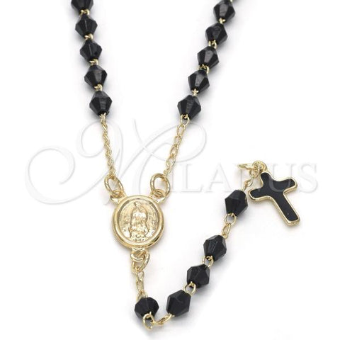 Oro Laminado Thin Rosary, Gold Filled Style Guadalupe and Cross Design, with Black Azavache, Black Enamel Finish, Golden Finish, 09.02.0039.1.18