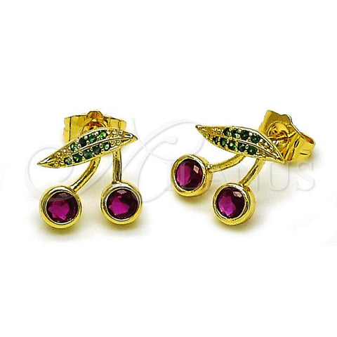 Oro Laminado Stud Earring, Gold Filled Style Cherry Design, with Ruby Cubic Zirconia and Green Micro Pave, Polished, Golden Finish, 02.283.0253