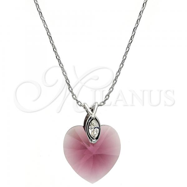 Rhodium Plated Pendant Necklace, Heart Design, with Amethyst Swarovski Crystals and White Micro Pave, Polished, Rhodium Finish, 04.239.0018.2.16