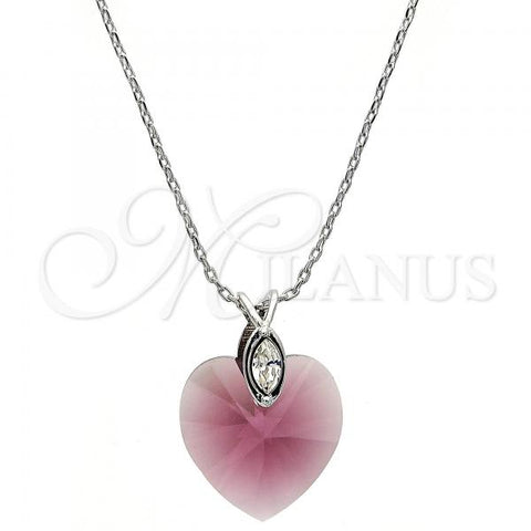 Rhodium Plated Pendant Necklace, Heart Design, with Amethyst Swarovski Crystals and White Micro Pave, Polished, Rhodium Finish, 04.239.0018.2.16