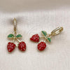 Oro Laminado Dangle Earring, Gold Filled Style Strawberry Design, with White Micro Pave, Multicolor Enamel Finish, Golden Finish, 02.417.0007