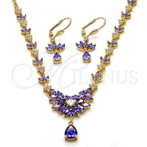 Oro Laminado Necklace and Earring, Gold Filled Style Teardrop and Leaf Design, with White and Amethyst Cubic Zirconia, Polished, Golden Finish, 06.236.0002