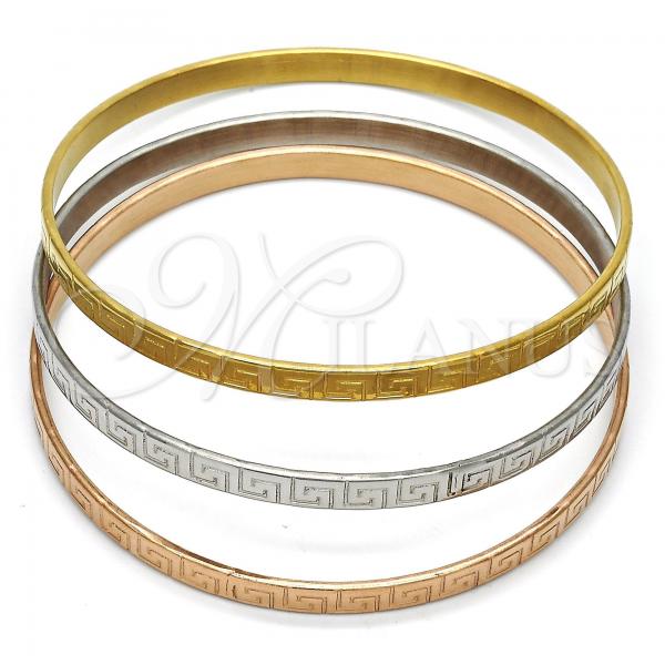 Stainless Steel Trio Bangle, Greek Key Design, Polished, Tricolor, 07.244.0004.06 (05 MM Thickness, Size 6 - 2.75 Diameter)