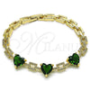 Oro Laminado Fancy Bracelet, Gold Filled Style Heart Design, with Green Cubic Zirconia and White Micro Pave, Polished, Golden Finish, 03.284.0043.2.07