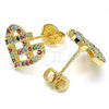 Oro Laminado Stud Earring, Gold Filled Style Heart Design, with Multicolor Micro Pave, Polished, Golden Finish, 02.233.0023