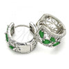Rhodium Plated Huggie Hoop, Teardrop and Leaf Design, with Green and White Cubic Zirconia, Polished, Rhodium Finish, 02.210.0090.9.15