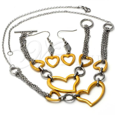Stainless Steel Necklace, Bracelet and Earring, Heart Design, Polished, Two Tone, 06.231.0027