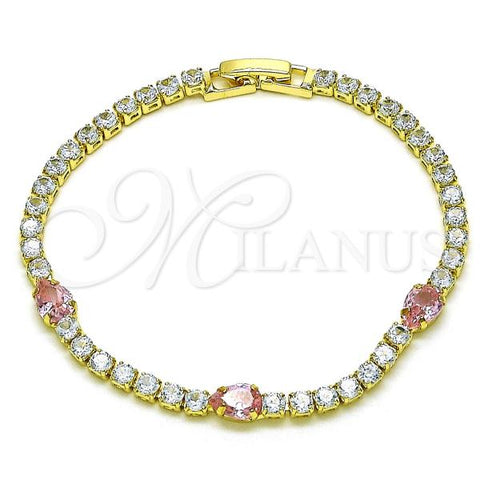 Oro Laminado Tennis Bracelet, Gold Filled Style Teardrop Design, with White and Pink Cubic Zirconia, Polished, Golden Finish, 03.284.0026.2.07