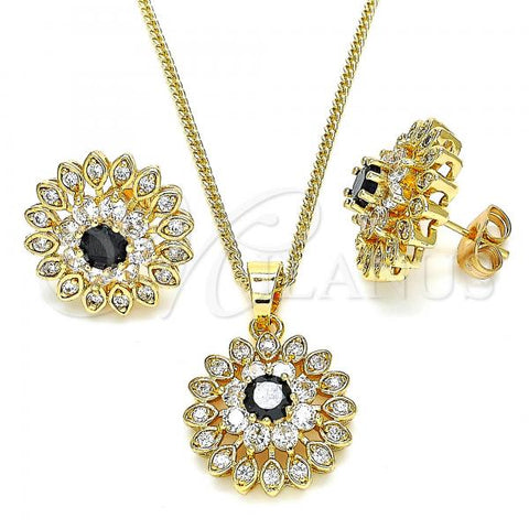 Oro Laminado Earring and Pendant Adult Set, Gold Filled Style Flower Design, with Black and White Cubic Zirconia, Polished, Golden Finish, 10.210.0049.8