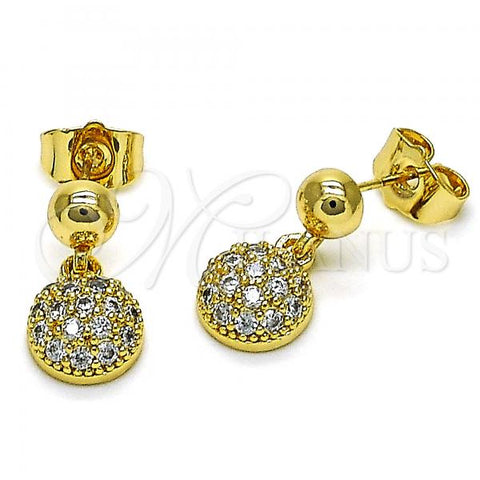Oro Laminado Dangle Earring, Gold Filled Style Ball Design, with White Micro Pave, Polished, Golden Finish, 02.283.0056