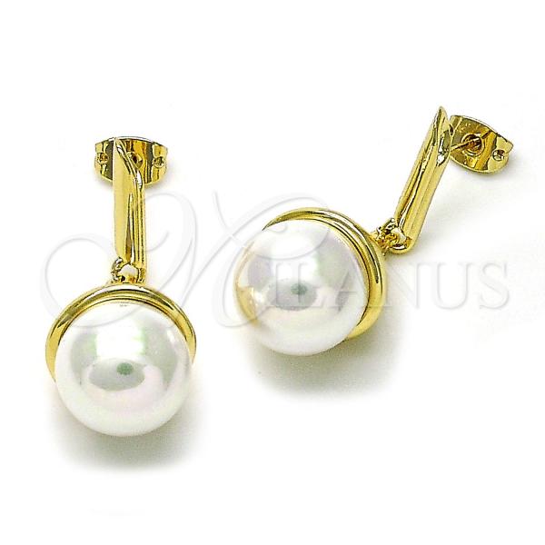 Oro Laminado Dangle Earring, Gold Filled Style Ball Design, with Ivory Cubic Zirconia, Polished, Golden Finish, 02.213.0727