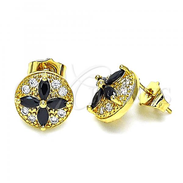 Oro Laminado Stud Earring, Gold Filled Style Flower Design, with Black Cubic Zirconia and White Micro Pave, Polished, Golden Finish, 02.387.0034.1