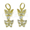 Oro Laminado Long Earring, Gold Filled Style Butterfly and Heart Design, with White Cubic Zirconia, Polished, Golden Finish, 02.196.0096