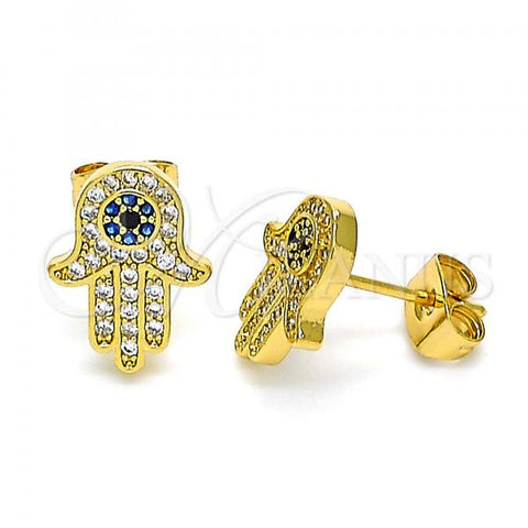 Oro Laminado Stud Earring, Gold Filled Style Hand of God Design, with Sapphire Blue and White Micro Pave, Polished, Golden Finish, 02.344.0093