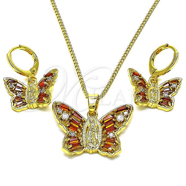 Oro Laminado Earring and Pendant Adult Set, Gold Filled Style Butterfly and Guadalupe Design, with Garnet and White Cubic Zirconia, Polished, Golden Finish, 10.316.0074.1