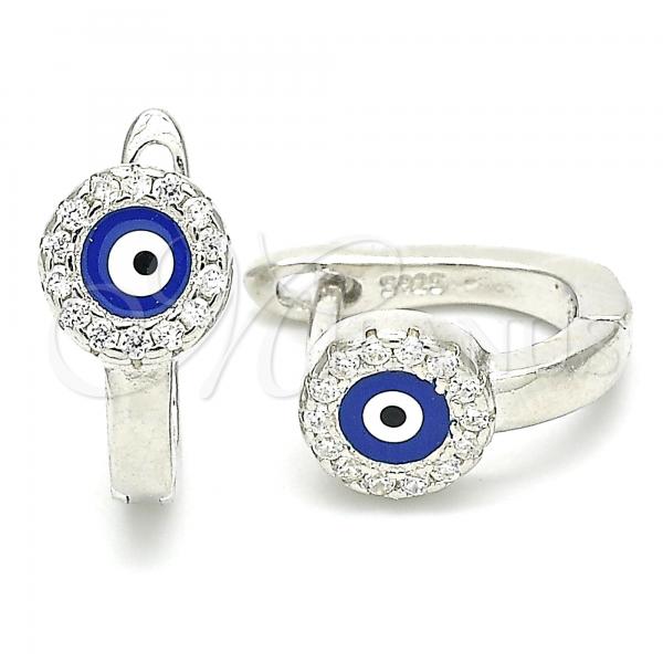 Sterling Silver Huggie Hoop, Evil Eye Design, with White Cubic Zirconia, Blue Enamel Finish, Rhodium Finish, 02.336.0136.12