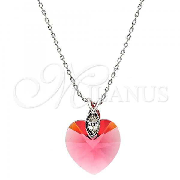 Rhodium Plated Pendant Necklace, Heart Design, with Padparadscha Swarovski Crystals and White Micro Pave, Polished, Rhodium Finish, 04.239.0018.3.16