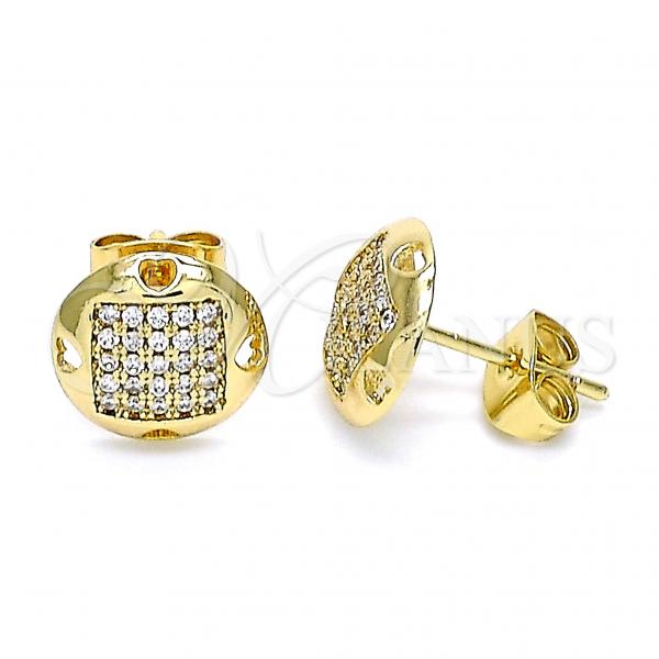 Oro Laminado Stud Earring, Gold Filled Style Heart Design, with White Micro Pave, Polished, Golden Finish, 02.344.0115