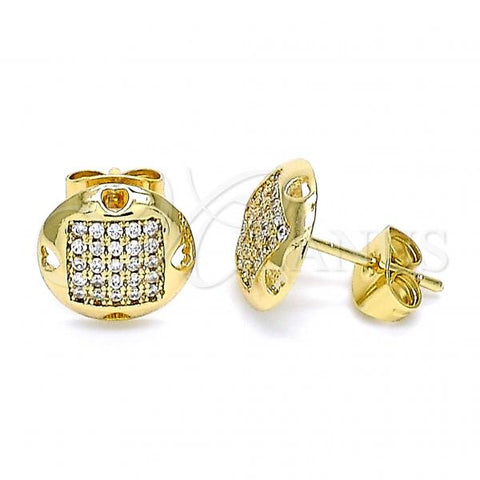 Oro Laminado Stud Earring, Gold Filled Style Heart Design, with White Micro Pave, Polished, Golden Finish, 02.344.0115