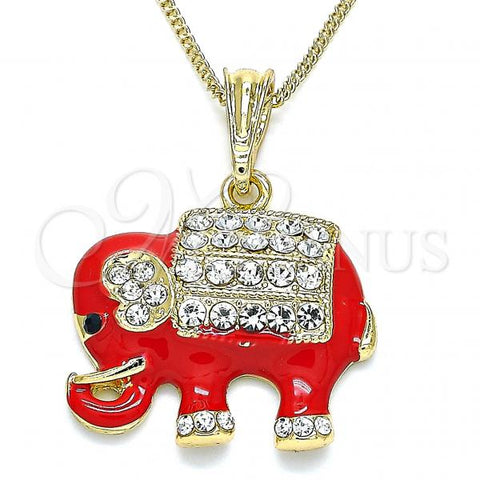 Oro Laminado Pendant Necklace, Gold Filled Style Elephant Design, with White and Black Crystal, Red Enamel Finish, Golden Finish, 04.380.0026.2.20