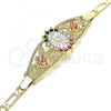 Oro Laminado Fancy Bracelet, Gold Filled Style San Judas and Flower Design, with Multicolor Crystal, Polished, Tricolor, 03.380.0086.08