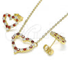 Oro Laminado Earring and Pendant Adult Set, Gold Filled Style Heart Design, with Garnet and White Micro Pave, Polished, Golden Finish, 10.156.0302.1