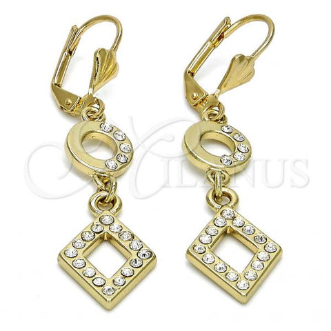 Oro Laminado Long Earring, Gold Filled Style with White Crystal, Polished, Golden Finish, 02.59.0130