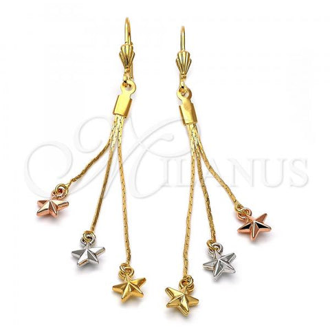 Oro Laminado Long Earring, Gold Filled Style Star Design, Polished, Tricolor, 5.099.008